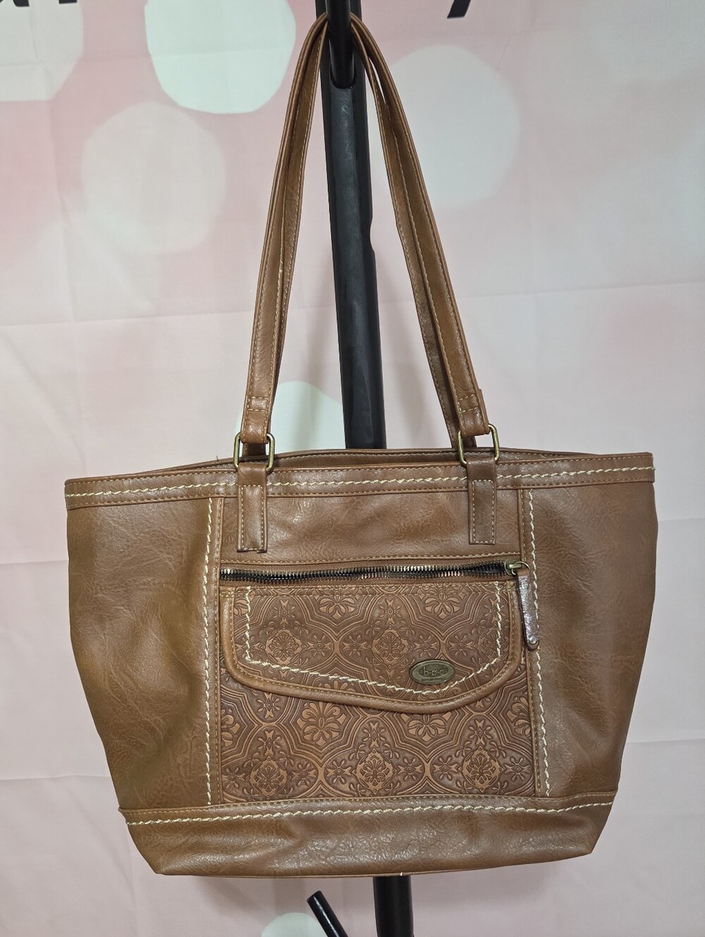 b.o.c. Leather-Textured Brown Tote Bag with Embossed Front Pocket